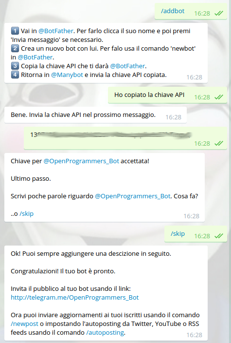 Come creare un bot di Telegram con @ManyBot