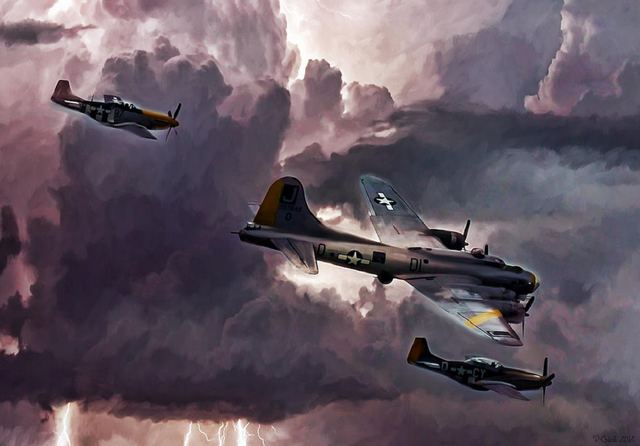 B-17 escoltado por cazas de largo alcance P-51. Obra del artista plástico Peter Chilelli