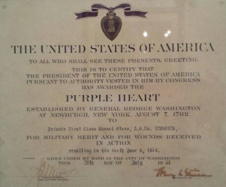 Diploma original de concesión del Corazón Púrpura
