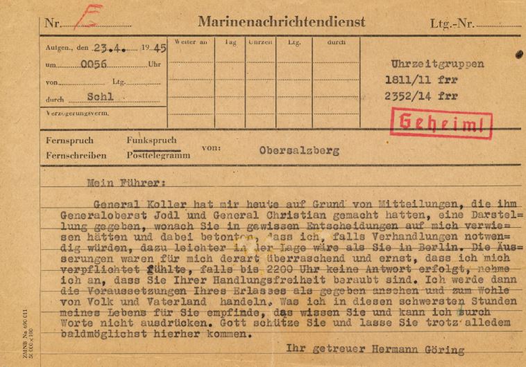 Telegrama de Hermann Göring a Hitler